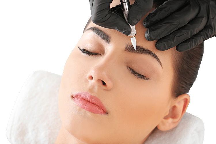 Young woman undergoing eyebrow permanent makeup procedure in a salon